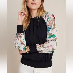 EUC Tiny Anthrologie Size Medium Floral Sleeve‎ Black Top